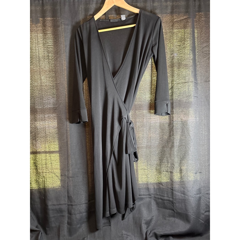 NY & CO Black Wrap Dress Womens Medium 3/4 Sleeve V-Neck Midi Career Cocktail